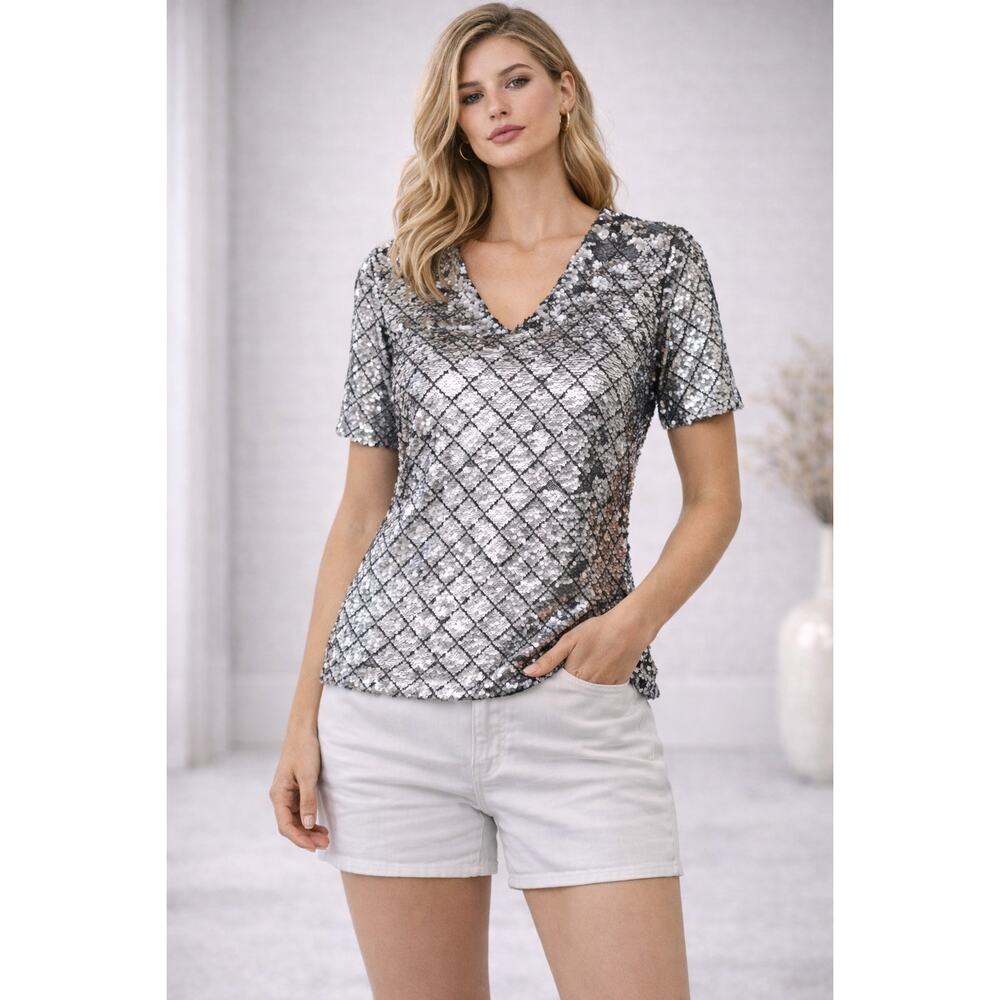 ✨ AiyaLiu Silver Sequin Metallic Tee – Glam Party Statement Top ✨